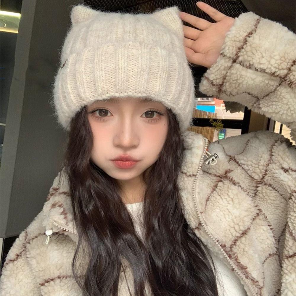 Solid Color Fleece-lined Warmth Knitted Beanies Hip Hop Anti-cold Winter Autumn Hats Outdoor Cat Ear Warm Ear Protection