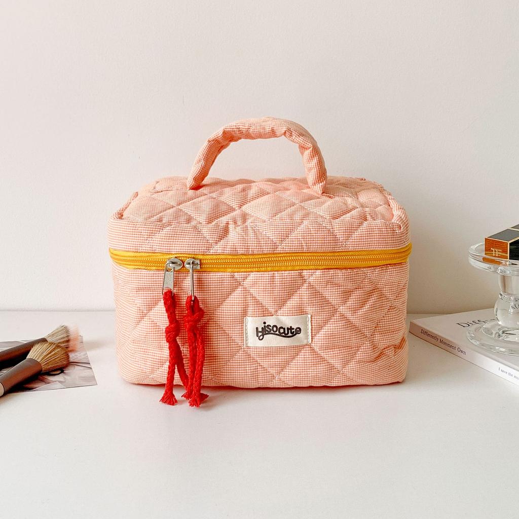 Ins Contrast Color Plaid Handheld Makeup Bag Large Capacity Cosmetic Organizer Square Bag