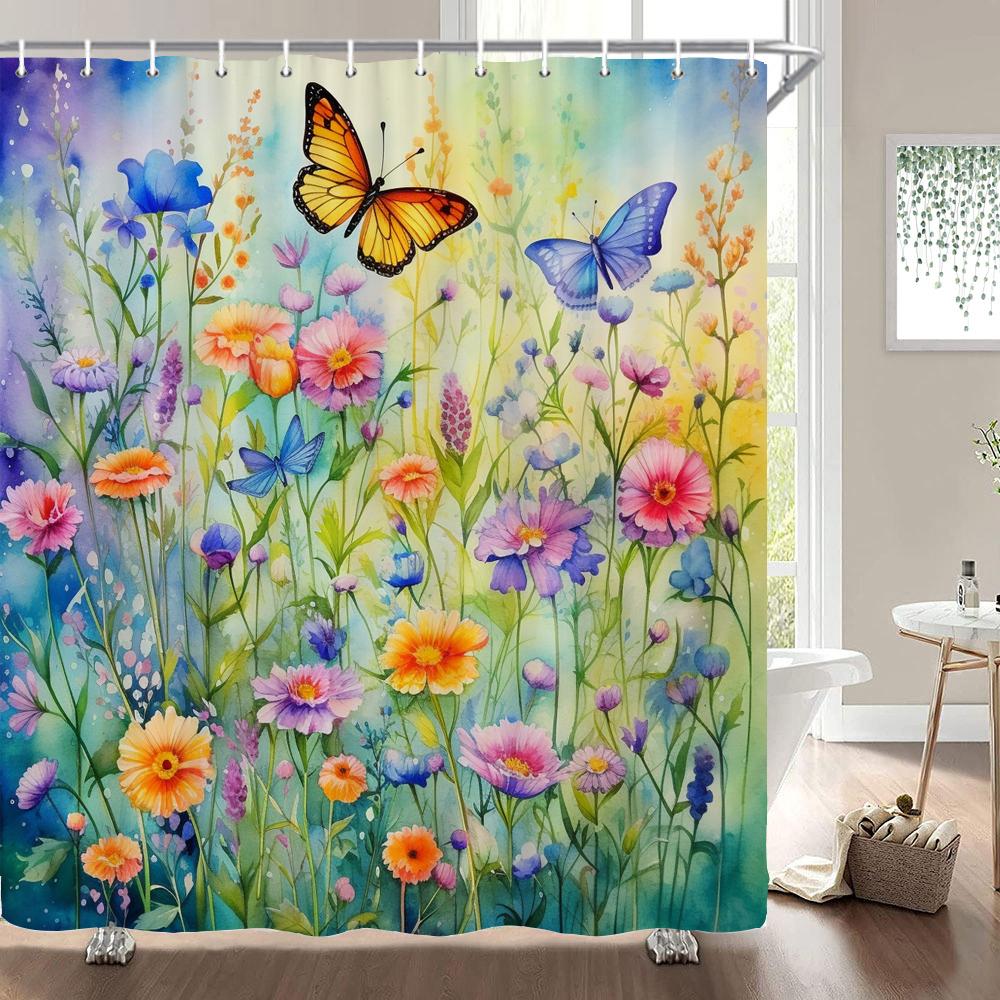 1 pack of print shower curtains Watercolor flowers, plants and butterflies bathroom curtain with hooks home decoration curtain