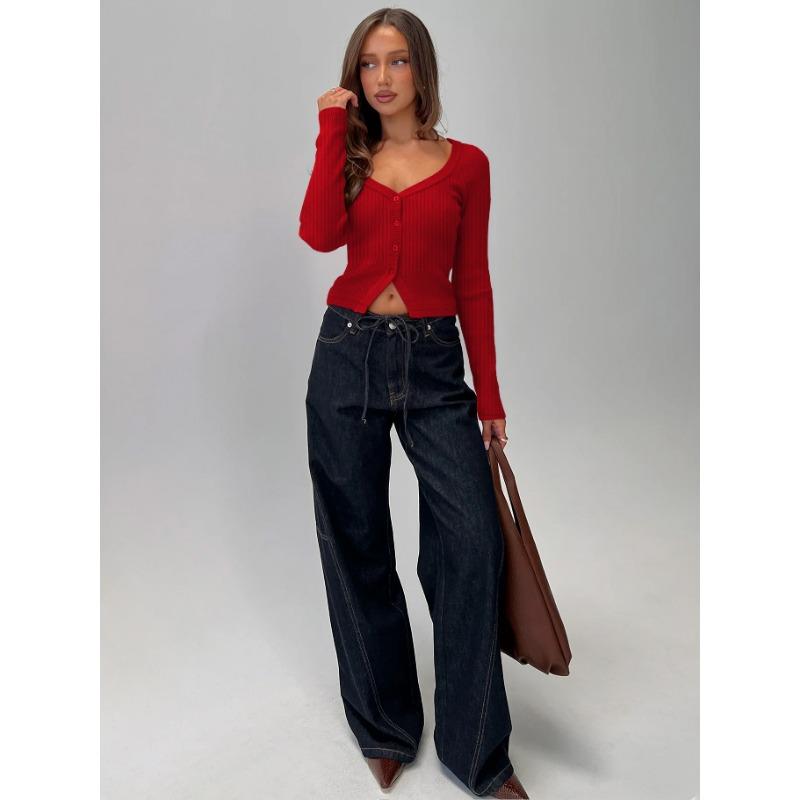 Women S V Neck Long Sleeve Ribbed Button Front Cardigan