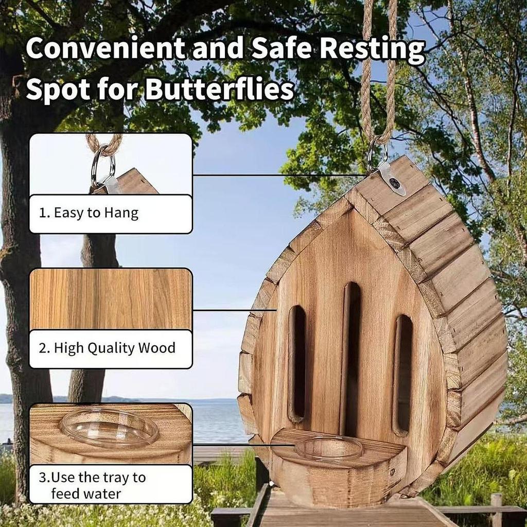 Wood Butterfly House Feeder Tray Birding Decor Hanging Butterflies Nesting Room for Courtyard