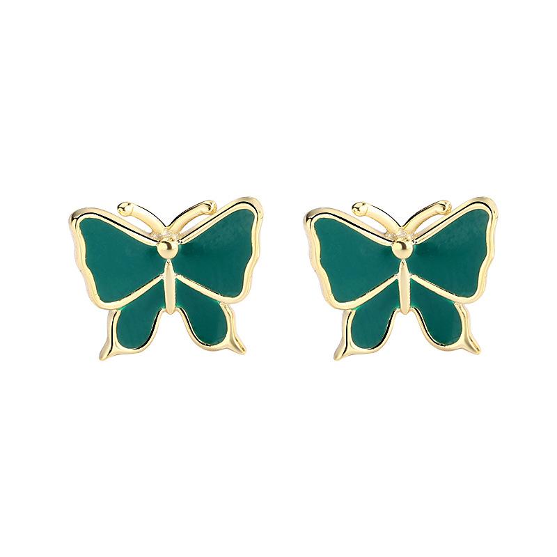 Temperament Mori Three-dimensional Green Korean Version Butterfly Stud Earrings Female Hong Kong Style Retro Fashion Sweet Small Earrings