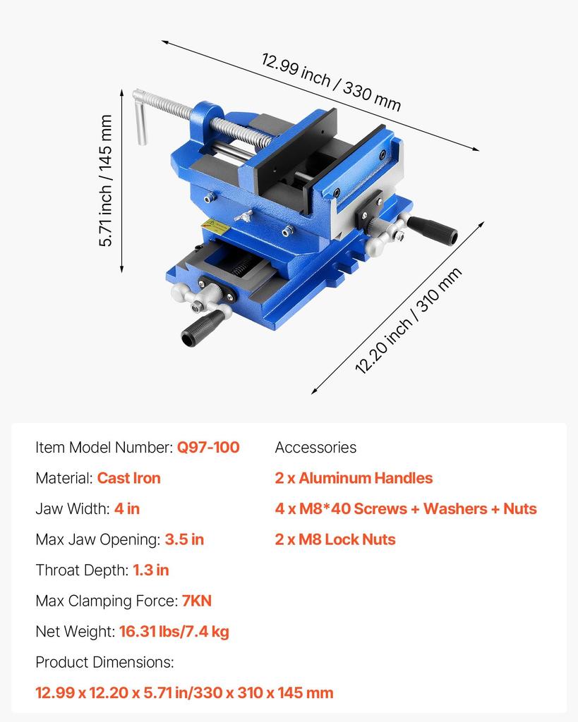 VEVOR Cross Slide Drill Press Vise, 4 Inch Jaw Width, 2 Way X-Y Axis Bench Vise, 3.5 Inch Max Jaw Opening, Heavy Duty Cast Iron, Workbench Vice Clamp