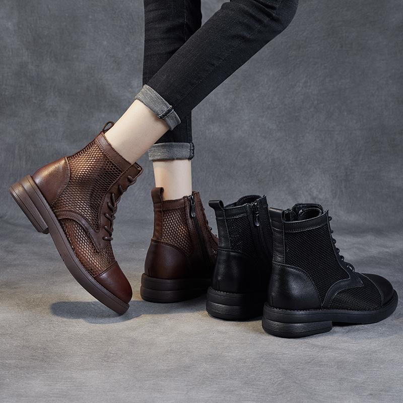 Spring 2025 new breathable mesh shoes first layer cowhide short boots British retro women's boots summer fashion sandals