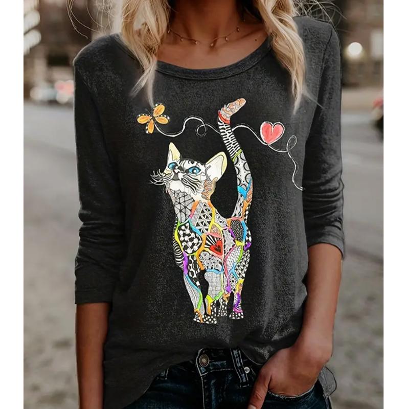 2025 Autumn & Winter Women's New Casual Crew Neck Long Sleeve Top 3D Cat Pattern