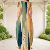 Women Plus Size Round Neck Short Sleeve Green Yellow Printed Loose Maxi Dress With Pockets