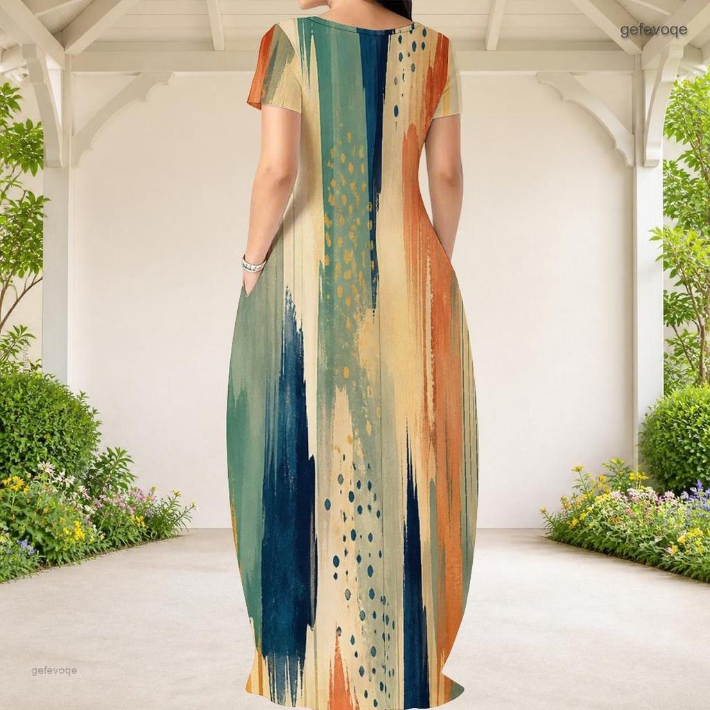 Women Plus Size Round Neck Short Sleeve Green Yellow Printed Loose Maxi Dress With Pockets