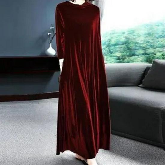 Women's Gold Velvet Knee-Length Long Dress - Autumn/Winter Collection