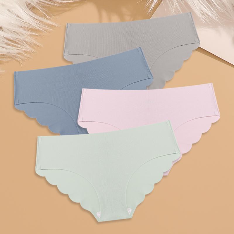 4Pcs Ice Silk Wavy Waist Underwear Women's Seamless Panties Sexy Comfy Solid Briefs Girls Ultra Thin Invisible Lingerie
