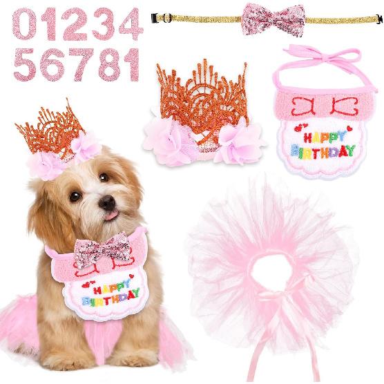 5PCS Girl Dog Birthday Outfit,Small Dog Birthday Hat with Numbers Decorations(Pink)