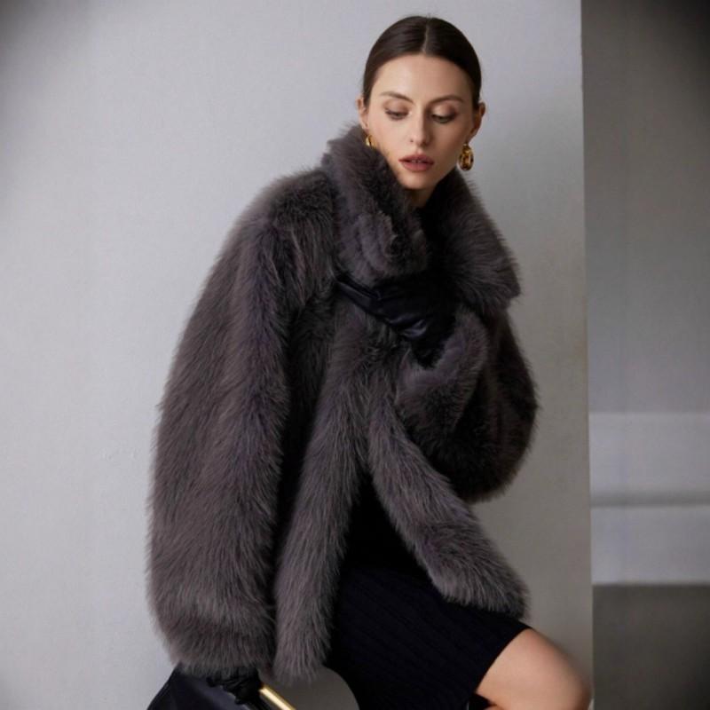 Womens Faux Fur Coat Streetwear Turn Down Collar Winter Outerwear Adults