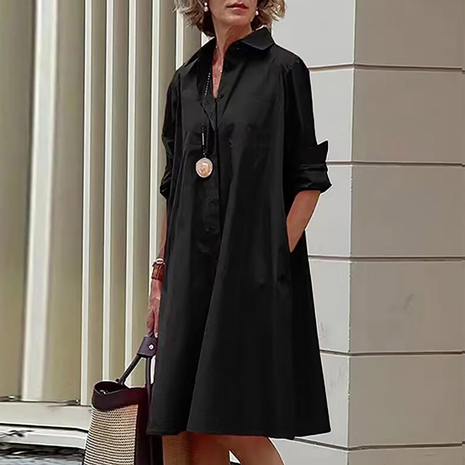 

Модное женское повседневное однотонное платье с отложным воротником и длинными рукавами XL чёрный