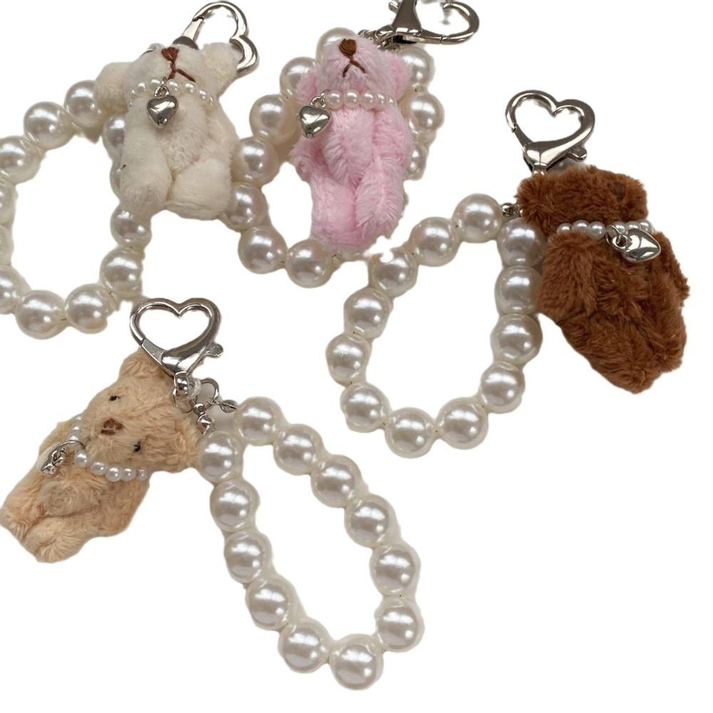 Love Heart Cell Phone Chain Plush Hanging Ornament Kawaii Pearl Bracelet Key Chain  Gifts