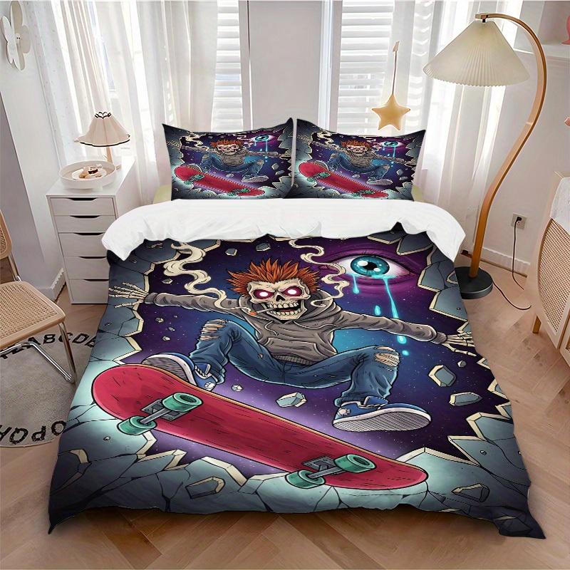 

3pcs set Skateboarding Skeleton 1 Quilt Cover + 2 Pillowcases, All Seasons Bedroom Setting, Perfect for Home and Dorm Decor a196 135x200cm