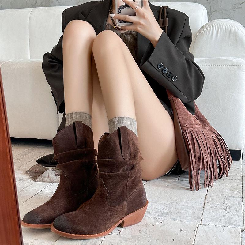 Fashion Western Boots Women Cow Suede Fashion Skin Lining Round Toe Ladies Street Sewing Boot Khaki Brown 5cm Block Heeled Ankle Boots