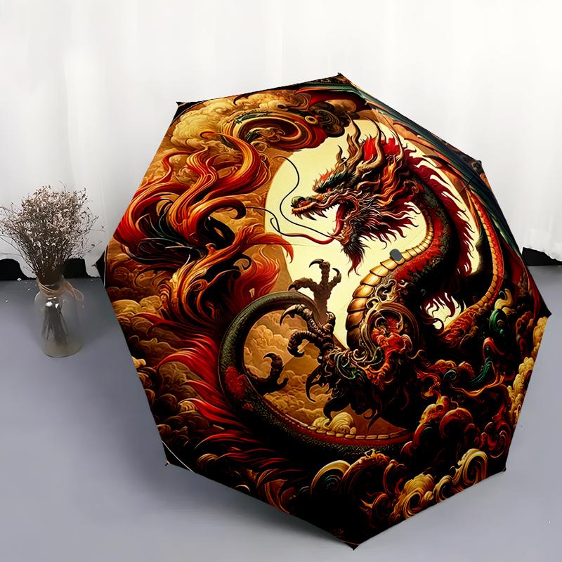 1pc Dragon, dinosaur pattern Umbrella Portable Folding Umbrella Iron Frame Hole Bone Structure Outdoor Home Umbrella