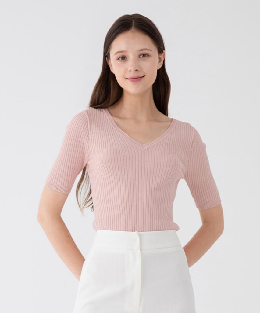 SOUP V-Neck Slim Crop Sleeve Knit (Oy5Skc1)