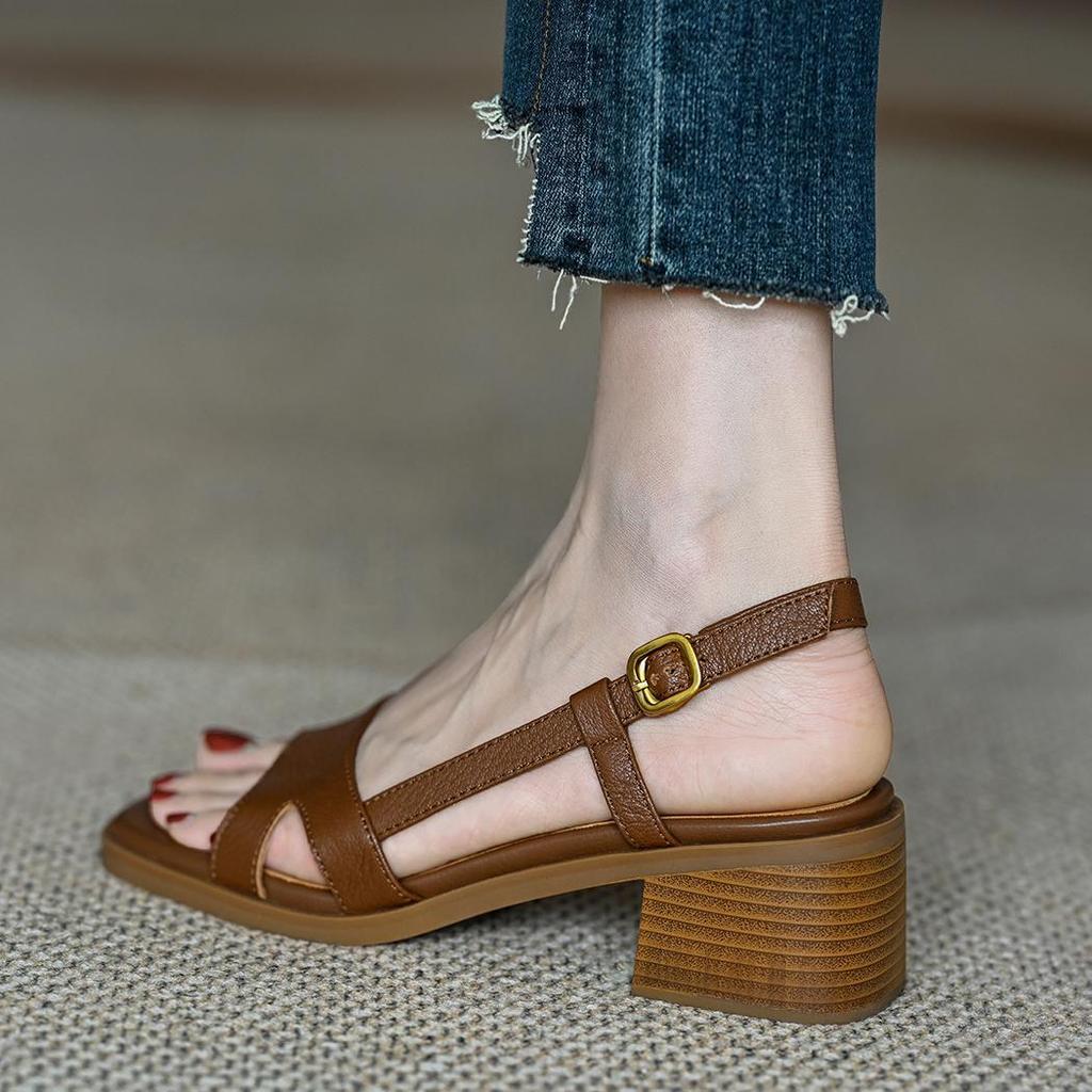 Mid heeled sandals for women in the summer of 2025 niche thick heeled open toe women's shoes