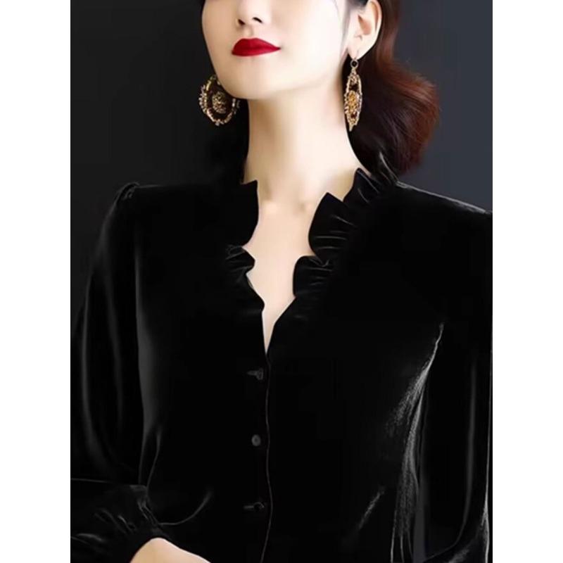 French Retro Gold Velvet Spliced Top Autumn Winter New Long-sleeved Celebrity Shirt