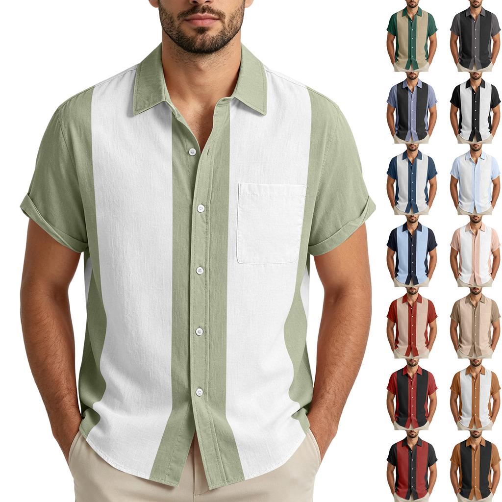 Men Short Sleeve Casual Button Down Shirt Relaxed Fit Lightweight Fabric Vertical Stripe Pattern Lapel Collar Pocket Design
