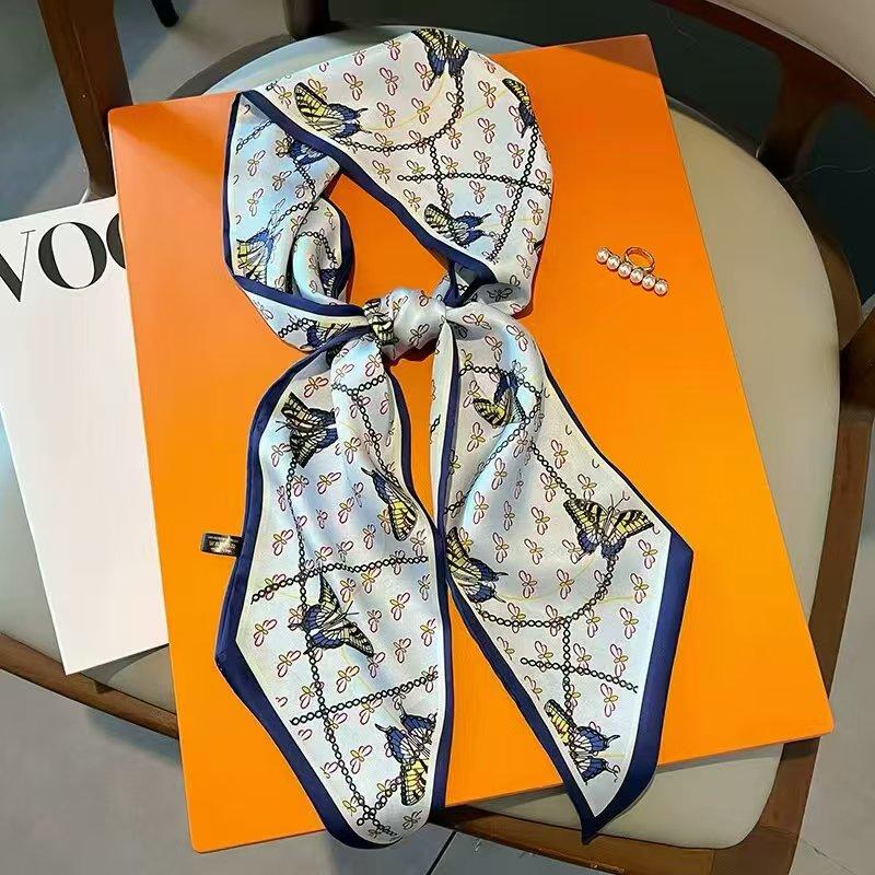 Luxury Design Long Silk Scarf Women Summer Fashion Bag Handle Ribbon Ladies Horse Print Headband Small Hair Scarves Female