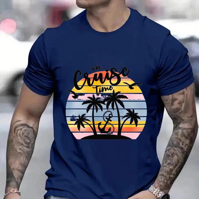 On Cruise Time Print T-shirt for Men Cruise Shirt with Trees Summer Cruising Tshirts Family Vacation Tees Friends Travel Tops