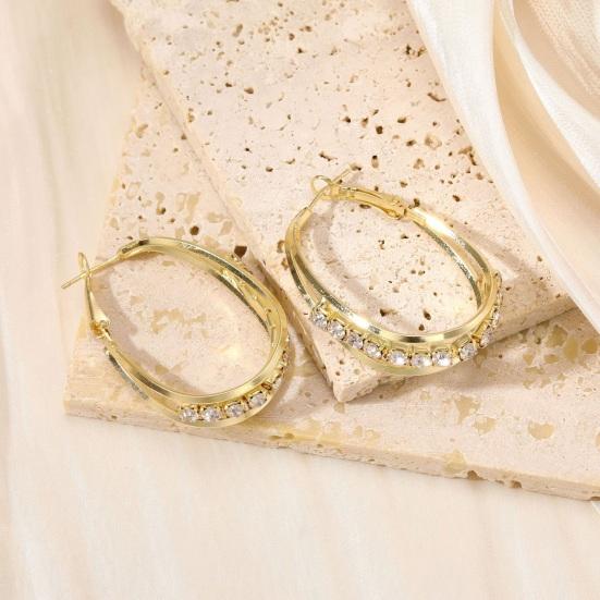 1 paire de cerceaux d'oreille pour femmes, ajouré, strass polis, décor en alliage de forme ovale galvanisé, bijoux d'oreille pour dames, bal de promo, Cocktail, boucle d'oreille suspendue