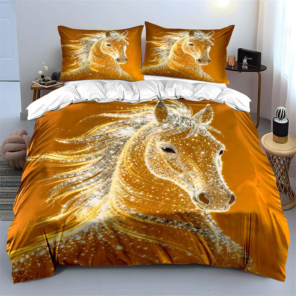 Glittering Golden Horse Design Bedding Duvet Cover Set Duvet Cover Pillowcases  (1 * Duvet Cover 2 * Pillowcases, without duvet insert)