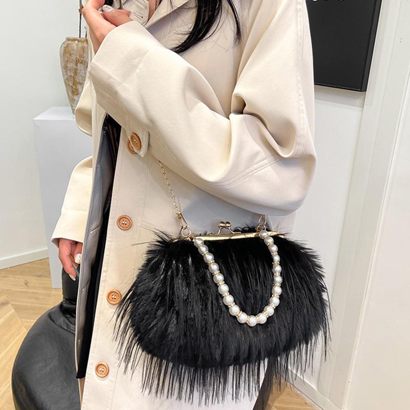 Yogodlns Luxe nepbont avondtasje Pluizige effen kleur schoudertas Grote capaciteit Parelhandvat Clutch Crossbodytas Voor dames