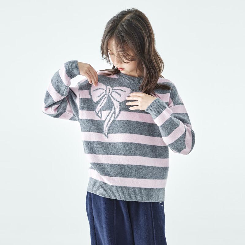 Kechu Girls Pure Wool Striped Bow Sweater 120