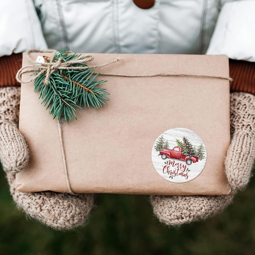 500 ks Různé vánoční samolepky v roli, Papírové samolepicí štítky smíšených barev s nápisy 'Merry Christmas' & 'Happy Holidays' pro balení a pečetění dárků