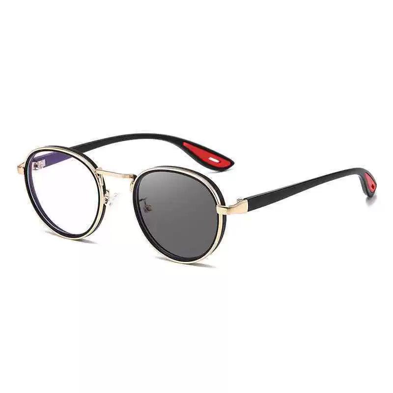 Unisex Retro Round Metal Sunglasses with Photochromic Anti-Blue Light Lenses