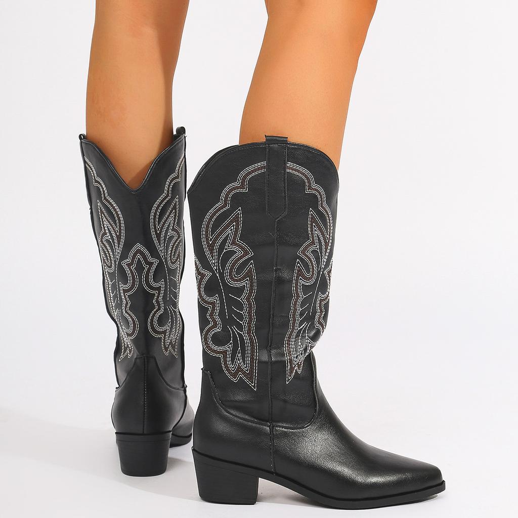 fashion Embroidered Western Cowboy Boots for Women Autumn Pointed Toe Thick Heel High Knee Boots Woman Loose PU Leather Long Botas Mujer