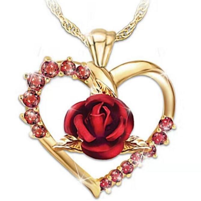 Romantyczny naszyjnik z zawieszką w kształcie serca z diamentami i różą