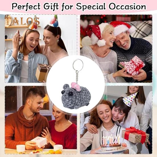Sad Hamster Plush Keychain Sound Handmade Crochet Doll Keyring with Bow Emotional Charm Hanging Ornament Wallet Backpack Car Keys Accessory