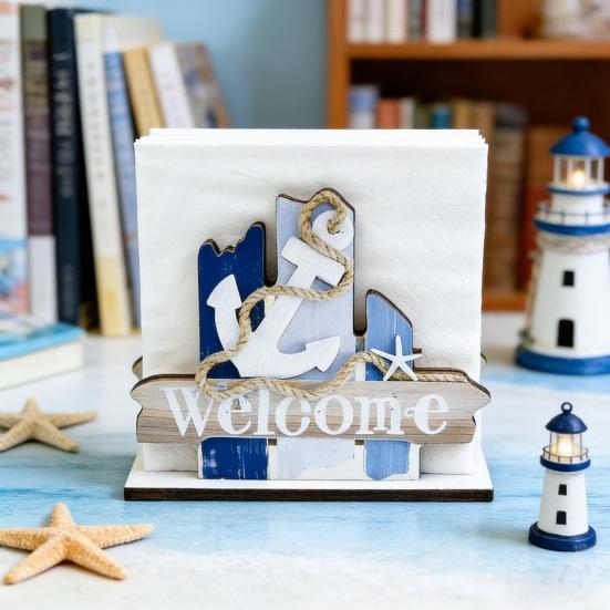 Wooden Paper Towel Holder, Universal Size Solid Wood Paper Towel Stand with Ocean Style Tropical Fish Sailboat Patterns for Kitchen Dining Table Decor
