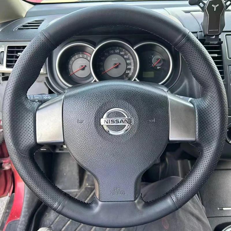 

Для Nissan Tiida Versa Note Livina Sylphy Ручна stitching Нековзна Чорно-червона Шкіра Автомобільна Обкладинка на Кермо 6