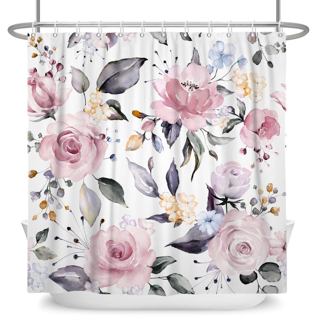Modern Fresh Bathroom Shower Curtain Green Plants Colourful Flowers Bathroom Waterproof Curtain With Hooks Polyester Curtains