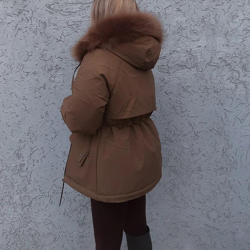 Cotton Padded Plus Size 2XL Winter Big Fur Jacket Women Loose Slim Warm Hooded Parka Coat Down Jacket