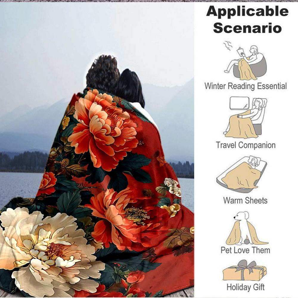 1PC Peony Print Blanket - Soft Warm All-Season Throw for Sofa, Bed, Car, Office, Throw For Sofa yy250916108