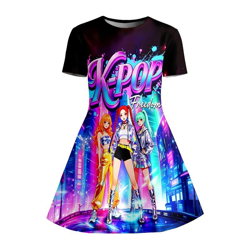 Black Neon Cartoon Printed Girls' Short Sleeved Casual Dress Summer Set Soft and Breathable Suitable for Birthday Gifts