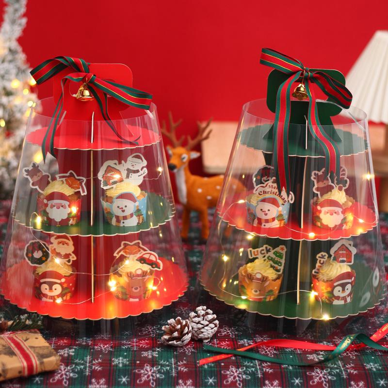 Neujahrs- und Weihnachts-Cupcake-Box, mehrschichtig, transparent, verdickt, Happy Tower, Backen, Dessertturm, Tasse, kreatives Rack