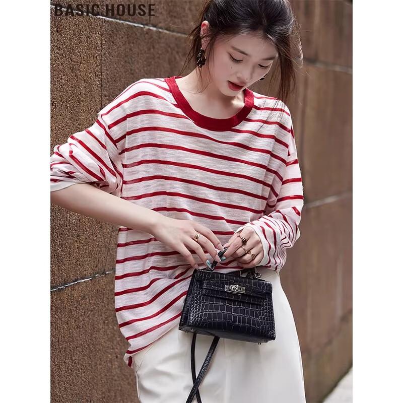 

Basic House Women s Color-block Striped Crew Neck Long Sleeve Sun Protection T-shirt L