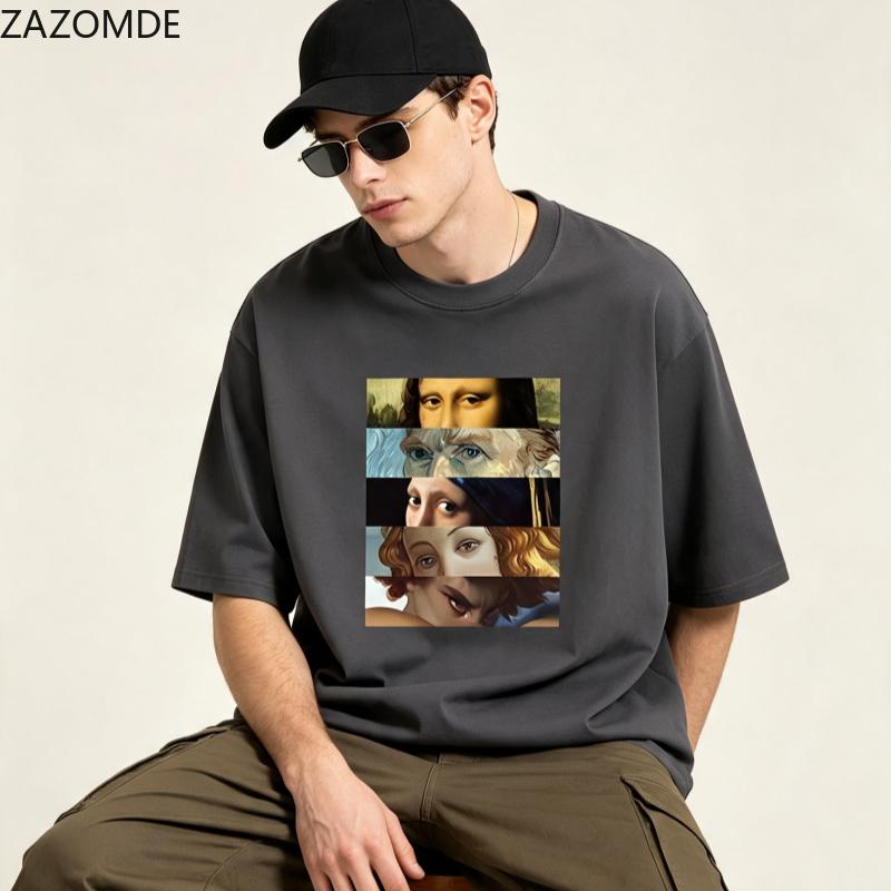 ZAZOMDE Minimalist Vintage Painting Cut Splicing Graphic Tee Unisex Loose Cotton Short Sleeve Art Casual Street Tops 2026 NEW
