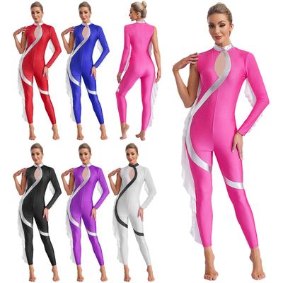 Womens Metallic Color Block Jumpsuit Mock Neck Shiny Rhinestones Full Body Leotard Performance Dancewear