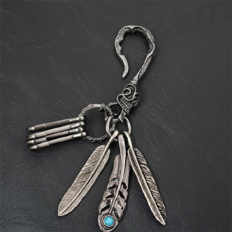 Distinctive Feather Keychain Charm In Antique Silver With Turquoise for Individualistic Fashion Statements Pieces