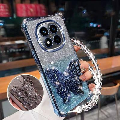 Shockproof Glitter Plating Case for Xiaomi Redmi Note 14 Pro Plus 14S 14C 4G 5G Butterfly Phone Holder Bead Bracelet Back Cover