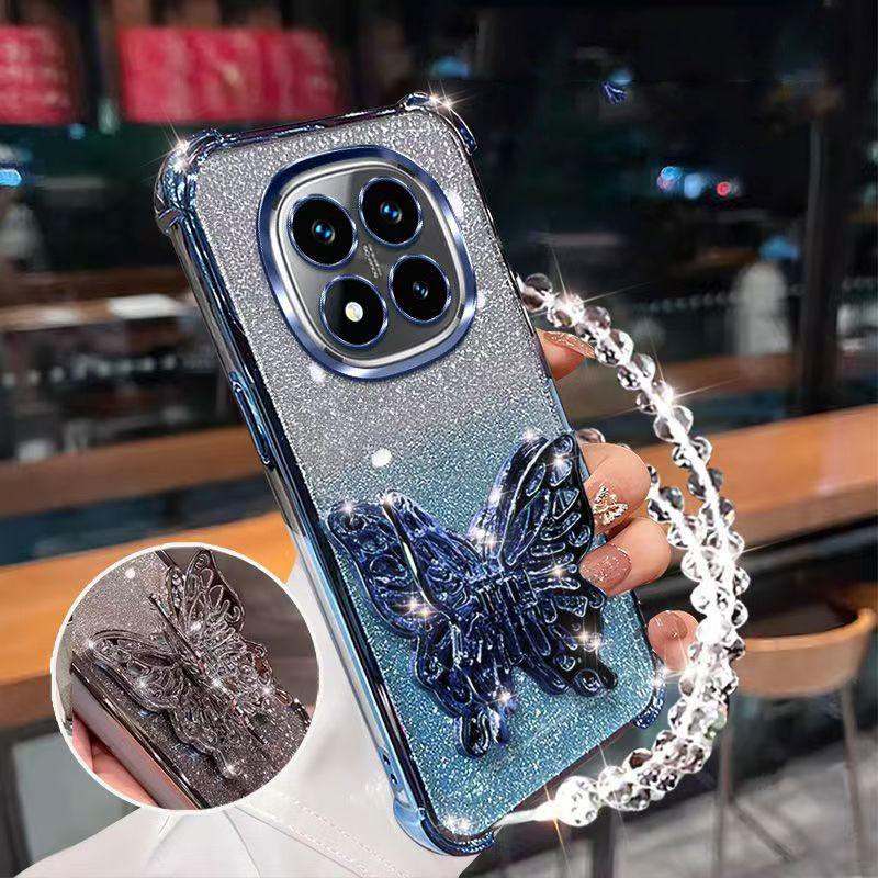 Shockproof Glitter Plating Case for Xiaomi Redmi Note 14 Pro Plus 14S 14C 4G 5G Butterfly Phone Holder Bead bracelet Back Cover
