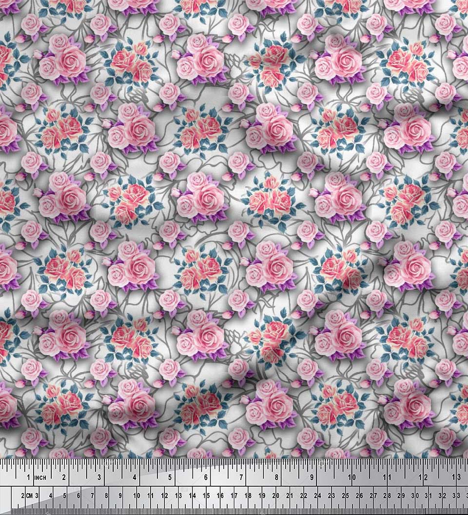 

Тканина для рукоділля Soimoi Japan Crepe Satin Leaves & Rose Floral Printed на метр 42 дюйма 42 Inch Wide - Poly Crepe білий