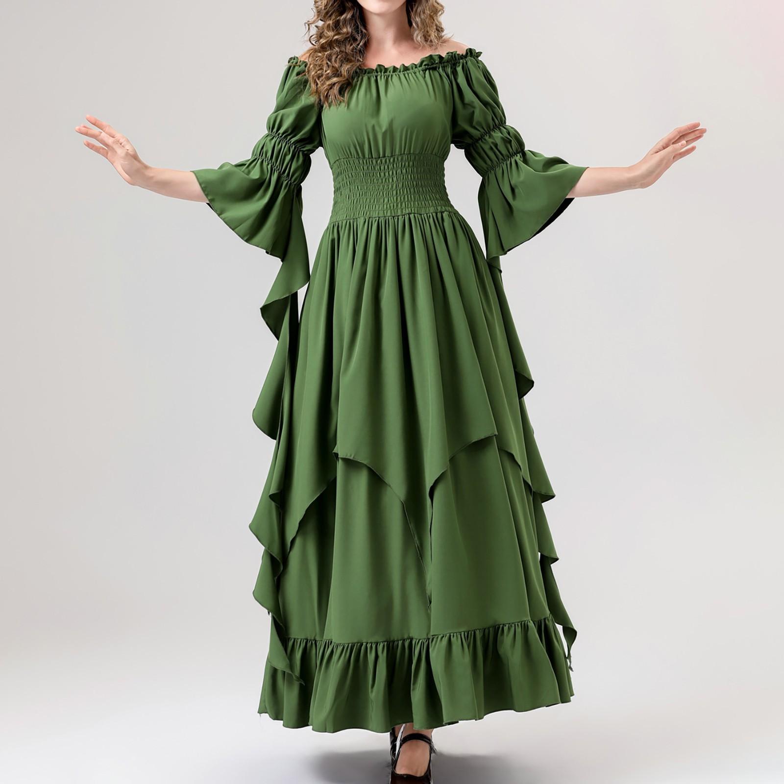 

Новая средневековая одежда Ретро платье Длинная юбка Квадратный вырез Завязка на талии Расклешенные рукава Фестиваль Праздничная одежда для выступлений XXXL темно-зеленого